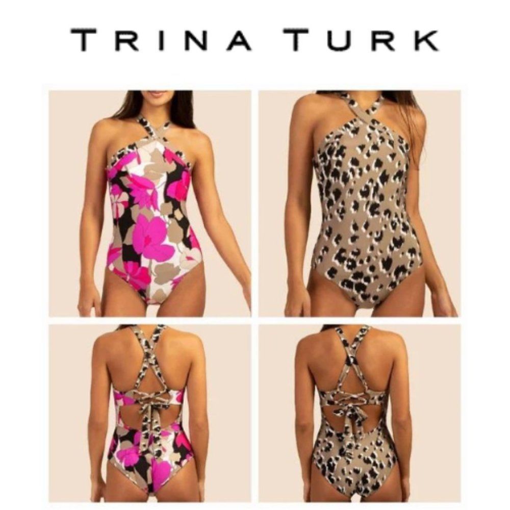 Trina Turk Lynx Reversible High Neck Maillot Halter One Piece Swimsuit sz 10